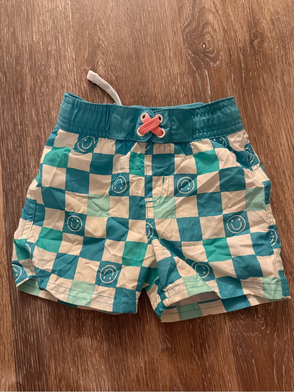 Cat & Jack Aqua and Teal Checkerboard Swim Shorts with Smiley Accents